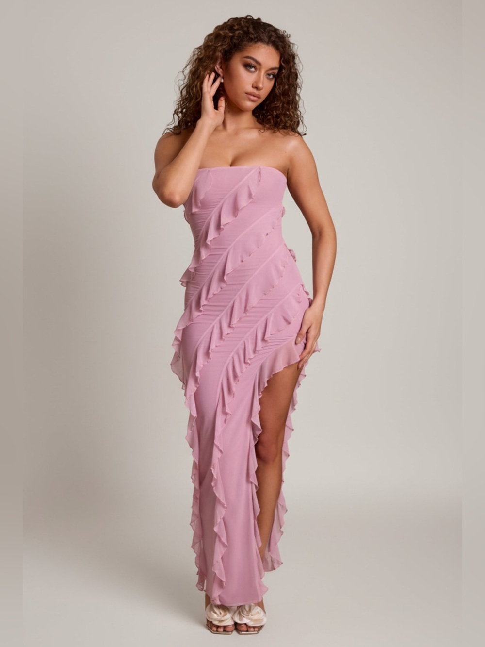 Oh Polly Nevali Bandeau Ruffle Detail Maxi Dress in Dusty Pink - Size 4